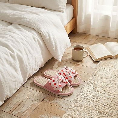 Women's Indoor Slide Slippers with Heart Print Bow Detail