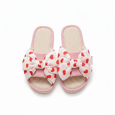 Women's Indoor Slide Slippers with Heart Print Bow Detail