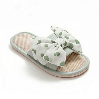 Women's Indoor Slide Slippers with Heart Print Bow Detail