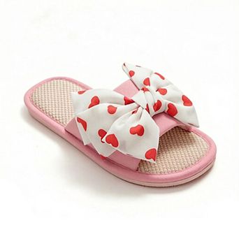 Women's Indoor Slide Slippers with Heart Print Bow Detail