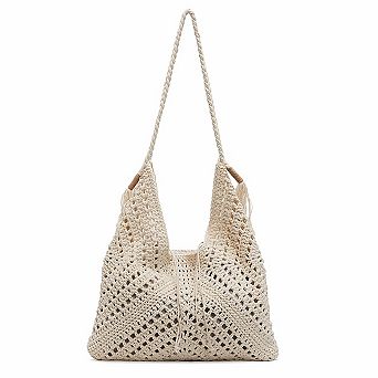 Woven Crochet Hobo Shoulder Bag with Tassel Detail Soft Knit Slouchy Tote Drawstring Style