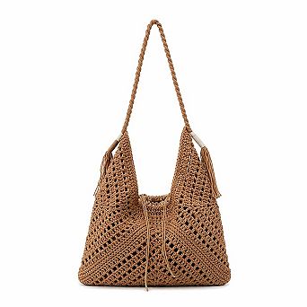 Woven Crochet Hobo Shoulder Bag with Tassel Detail Soft Knit Slouchy Tote Drawstring Style