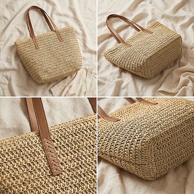 Woven Straw Tote Bag with Leather Shoulder Straps Lightweight Crochet Knit Large Capacity Bag