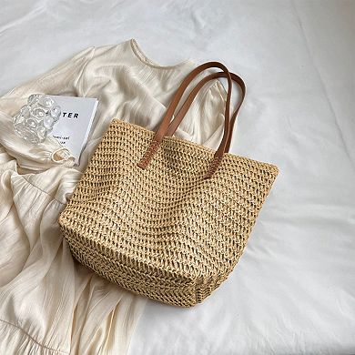 Woven Straw Tote Bag with Leather Shoulder Straps Lightweight Crochet Knit Large Capacity Bag