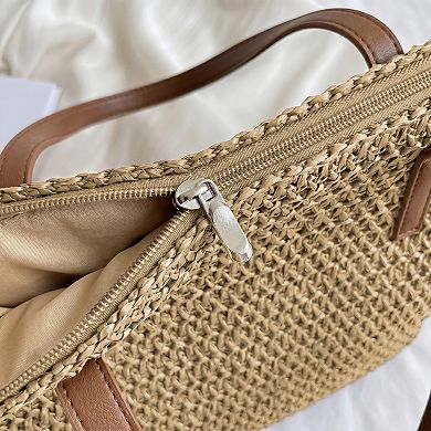 Woven Straw Tote Bag with Leather Shoulder Straps Lightweight Crochet Knit Large Capacity Bag