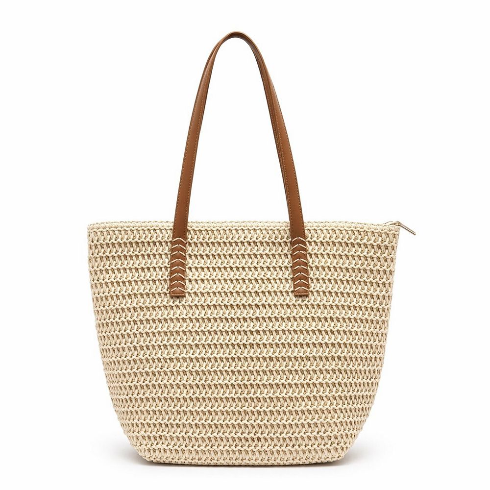 Woven Straw Tote Bag with Leather Shoulder Straps Lightweight