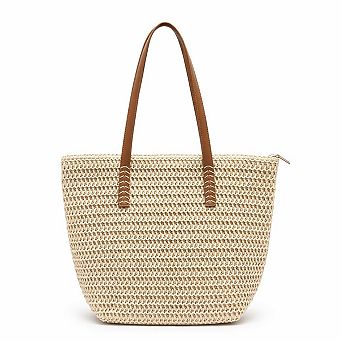 Woven Straw Tote Bag with Leather Shoulder Straps Lightweight Crochet Knit Large Capacity Bag