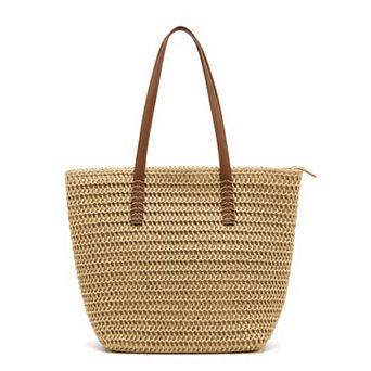 Woven Straw Tote Bag with Leather Shoulder Straps Lightweight Crochet Knit Large Capacity Bag
