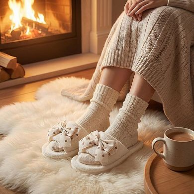 Women's Plush Indoor Slide Slippers with Heart Bow Detail
