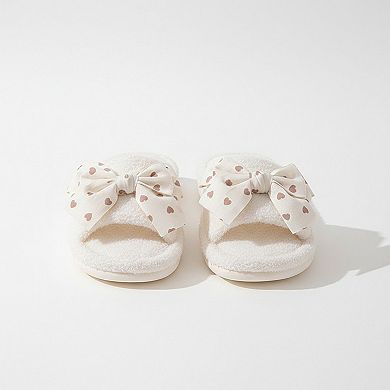 Women's Plush Indoor Slide Slippers with Heart Bow Detail