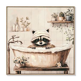 TOEMOA Humorous Raccoon Bathtub Canvas Wall Art Framed Animal Print for Bathroom Restroom Home Decor