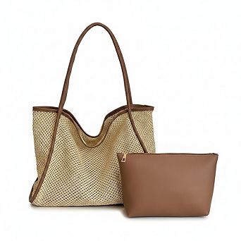 Woven Straw Tote Bag with Shoulder Straps Lightweight Crochet Knit Tote with Pouch