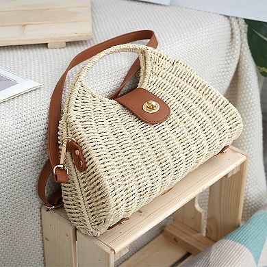 Woven Straw Crossbody Bag with Top Handle Adjustable Strap Crochet Handbag