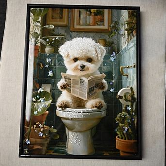 TOEMOA Cute Puppy Themed Framed 3D Canvas Wall Art Print Ready to Hang for Bathroom Home Decor
