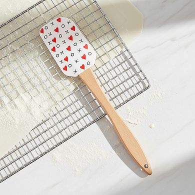 Silicone Spatula Set XO Heart Print Wooden Handle Heat Resistant Baking Mixing Kitchen Tools 3 Piece