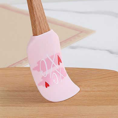 Silicone Spatula Set XO Heart Print Wooden Handle Heat Resistant Baking Mixing Kitchen Tools 3 Piece