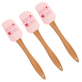 Silicone Spatula Set XO Heart Print Wooden Handle Heat Resistant Baking Mixing Kitchen Tools 3 pc