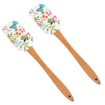 Silicone Spatula Set Butterfly Floral Print Wooden Handle Heat Resistant Baking Mixing Tools 2 pc