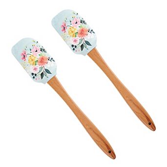 Silicone Spatula Set Butterfly Floral Print Wooden Handle Heat Resistant Baking Mixing Tools 2 pc