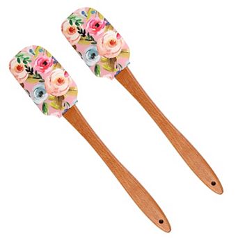 Silicone Spatula Set Butterfly Floral Print Wooden Handle Heat Resistant Baking Mixing Tools 2 pc