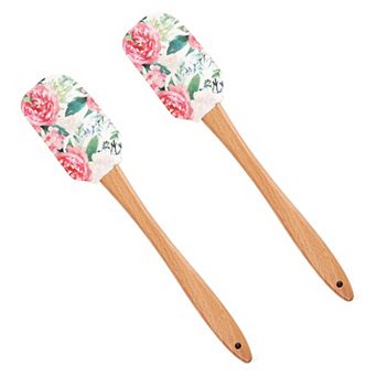 Silicone Spatula Set Butterfly Floral Print Wooden Handle Heat Resistant Baking Mixing Tools 2 pc