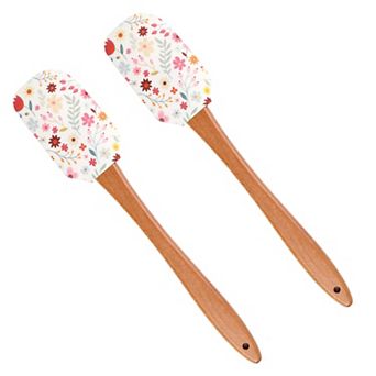 Silicone Spatula Set Butterfly Floral Print Wooden Handle Heat Resistant Baking Mixing Tools 2 pc