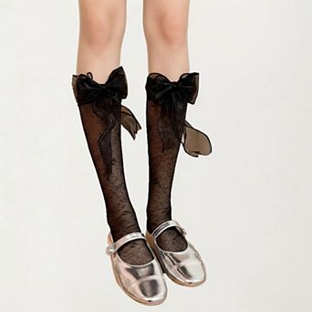 Women's Lace Knee High Bow Socks with Sheer Floral Pattern and Ribbon Detail Tall Dress Hosiery
