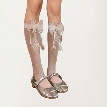 Women's Lace Knee High Bow Socks with Sheer Floral Pattern and Ribbon Detail Tall Dress Hosiery