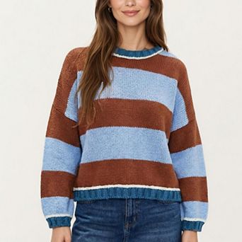 Women's Striped Knit Sweater with Color Block Design, Ribbed Trim and Relaxed Drop Shoulder Fit