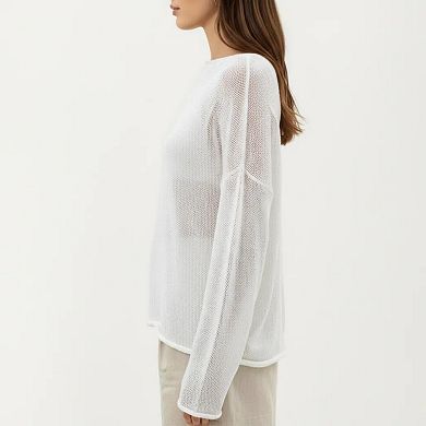 Women's Lightweight Open Knit Long Sleeve Sweater Top with Relaxed Fit and Subtle Sheer Texture