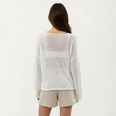 Women's Lightweight Open Knit Long Sleeve Sweater Top with Relaxed Fit and Subtle Sheer Texture