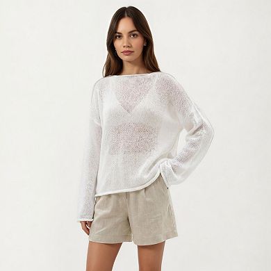 Women's Lightweight Open Knit Long Sleeve Sweater Top with Relaxed Fit and Subtle Sheer Texture