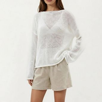 Women's Lightweight Open Knit Long Sleeve Sweater Top with Relaxed Fit and Subtle Sheer Texture