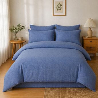 4 pc Cotton Washed Bedding Set with Duvet Cover Flat Sheet and Pillowcases Textured Woven Finish