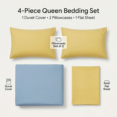 4-Piece Cotton Washed Bedding Set with Duvet Cover Flat Sheet and Pillowcases