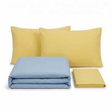 4-Piece Cotton Washed Bedding Set with Duvet Cover Flat Sheet and Pillowcases