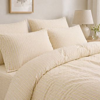4 pc Cotton Washed Bedding Set with Duvet Cover Flat Sheet and Pillowcases Striped Woven Design