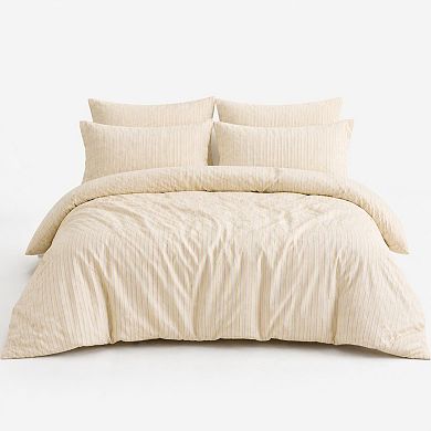 4-Piece Cotton Washed Bedding Set with Duvet Cover Flat Sheet and Pillowcases Striped Woven Design