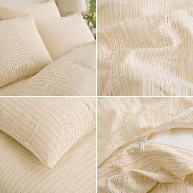 4-Piece Cotton Washed Bedding Set with Duvet Cover Flat Sheet and Pillowcases Striped Woven Design