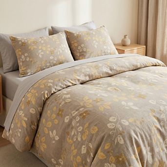 3 pc Cotton Bedding Set with Duvet Cover and Pillowcases Washed Fabric Botanical Floral Print