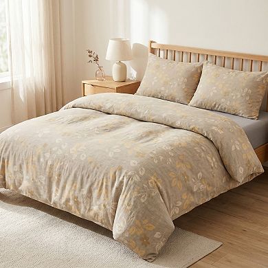 3-Piece Cotton Bedding Set with Duvet Cover and Pillowcases Washed Fabric Botanical Floral Print