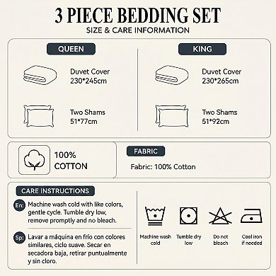 3-Piece Cotton Bedding Set with Duvet Cover and Pillowcases Washed Fabric Botanical Floral Print