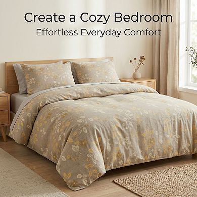 3-Piece Cotton Bedding Set with Duvet Cover and Pillowcases Washed Fabric Botanical Floral Print