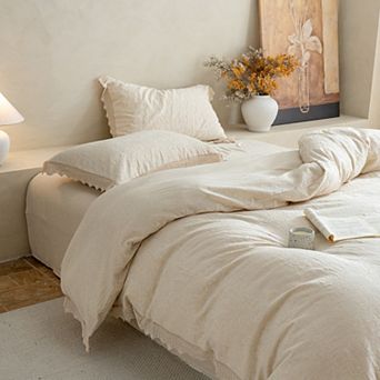 4 pc Cotton Jacquard Bedding Set with Duvet Cover Flat Sheet and Pillowcases Lace Trim Detail
