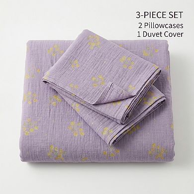 3-Piece Cotton Bedding Set with Duvet Cover and Pillowcases Washed Fabric Botanical Print Design