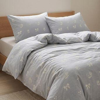 3 pc Cotton Bedding Set with Duvet Cover and Pillowcases Washed Fabric Minimal Floral Bow Print
