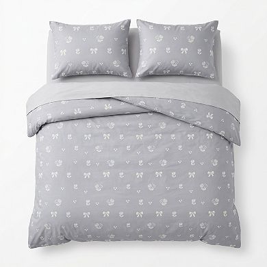 3-Piece Cotton Bedding Set with Duvet Cover and Pillowcases Washed Fabric Minimal Floral Bow Print