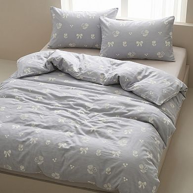 3-Piece Cotton Bedding Set with Duvet Cover and Pillowcases Washed Fabric Minimal Floral Bow Print