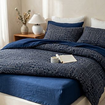 4 pc Cotton Double Gauze Bedding Set with Duvet Cover Flat Sheet and Pillowcases Textured Pattern