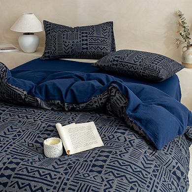 4-Piece Cotton Double Gauze Bedding Set with Duvet Cover Flat Sheet and Pillowcases Textured Pattern